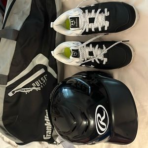 Under armour boys baseball cleats size 5, Rawlings helmet 6 1/2 - 7 1/2 and bag